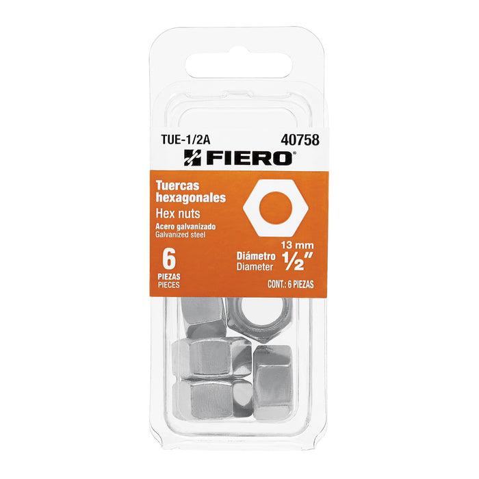 Blíster con 6 tuercas 1/2' hex de acero galvanizado, Fiero Código:40758