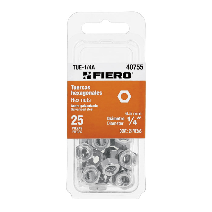 Blíster con 25 tuercas 1/4' hex de acero galvanizado, Fiero Código: 40755