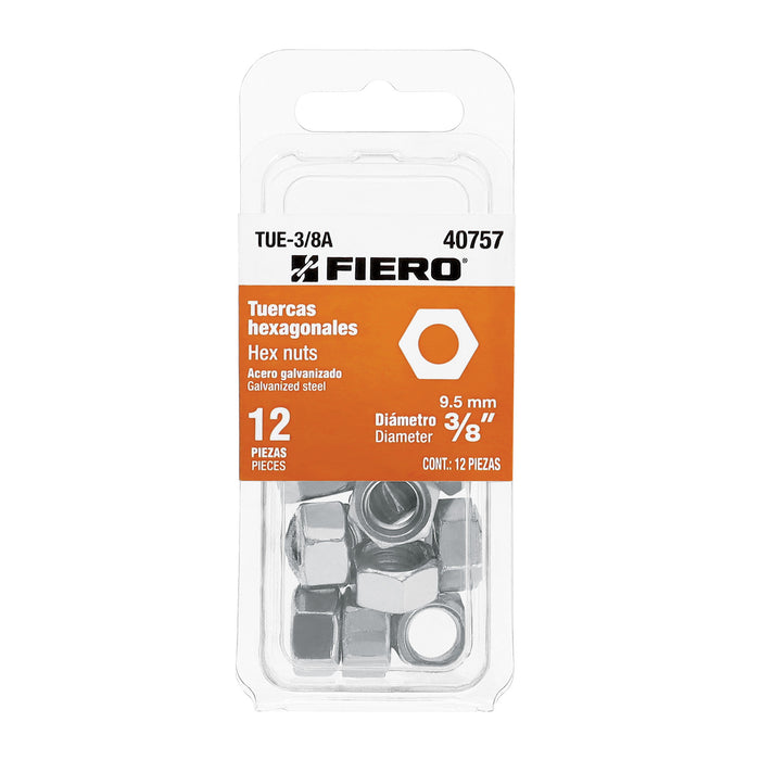 Blíster con 12 tuercas 3/8' hex de acero galvanizado, Fiero Código: 40757