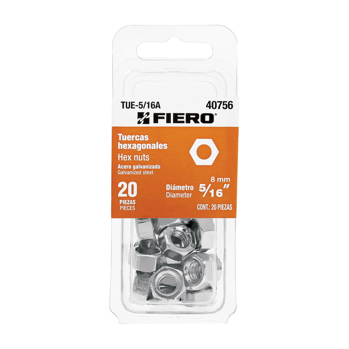 Blíster con 20 tuercas 5/16' hex de acero galvanizado, Fiero Código: 40756