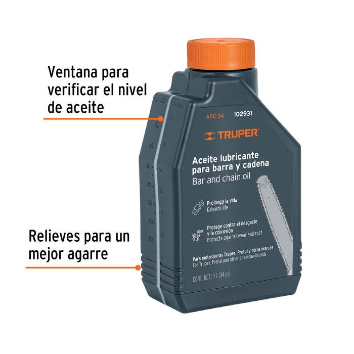 Aceite lubricante para barra y cadena de motosierra, Truper 102931 ABC-34