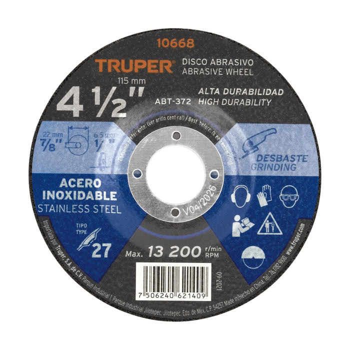 Disco Tipo 27 de 4-1/2' x 6.5 mm desbaste acero inoxidable 10668 ABT-372