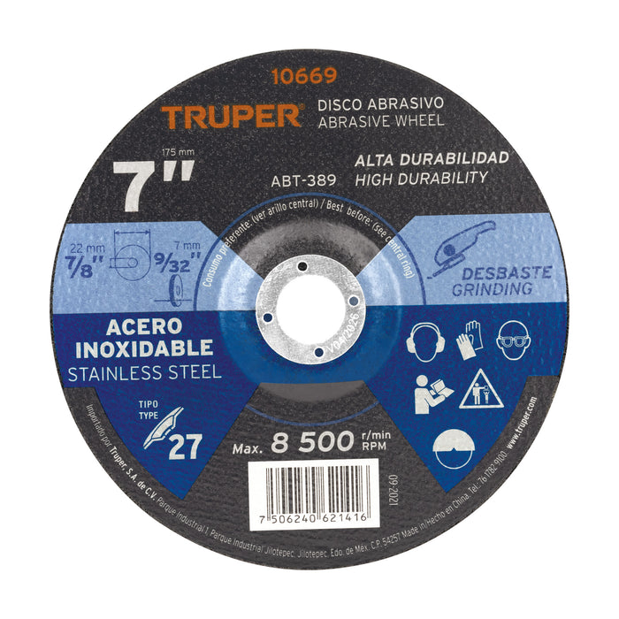 Disco Tipo 27 de 7' x 7.2 mm desbaste de acero inoxidable 10669 ABT-389