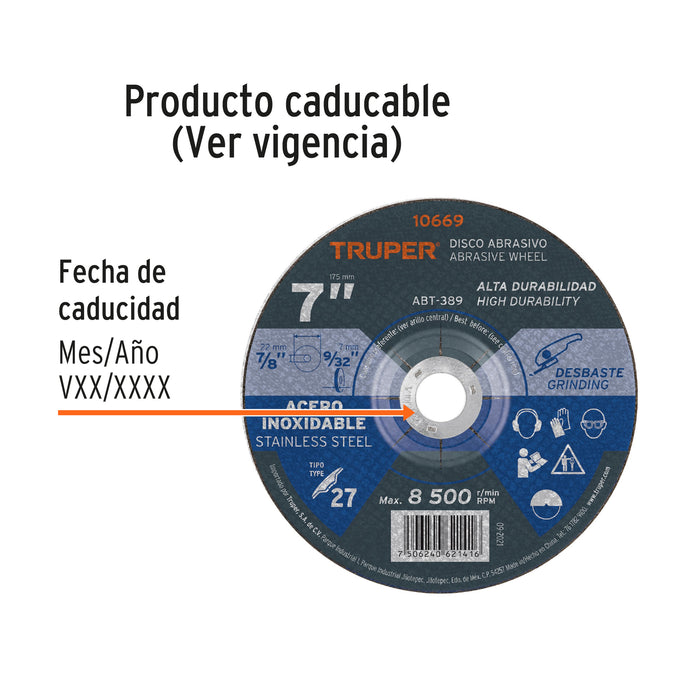 Disco Tipo 27 de 7' x 7.2 mm desbaste de acero inoxidable 10669 ABT-389