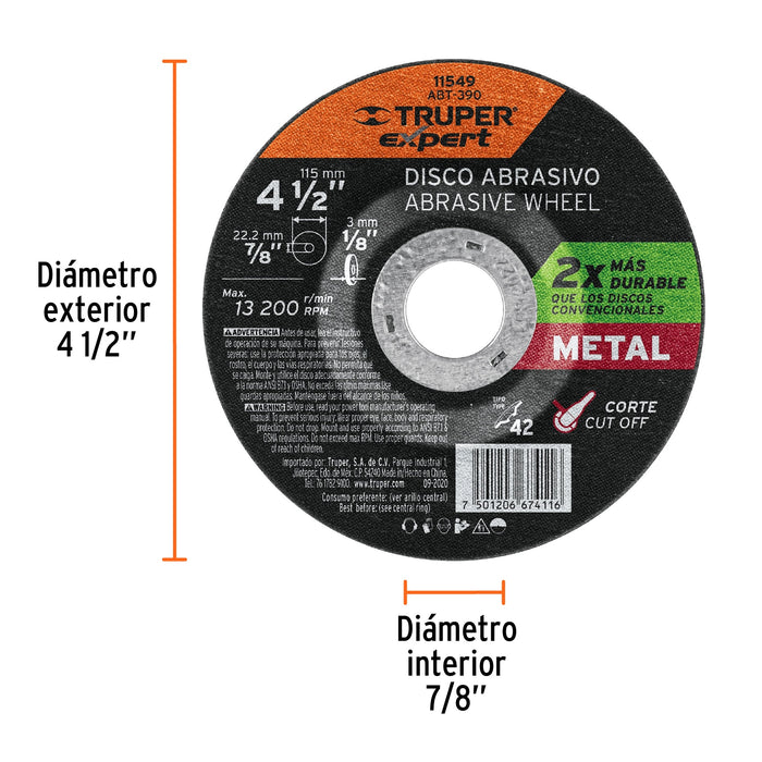 Disco Tipo 42 de 4-1/2' x 3.2 mm corte metal, Truper Expert 11549 ABT-390