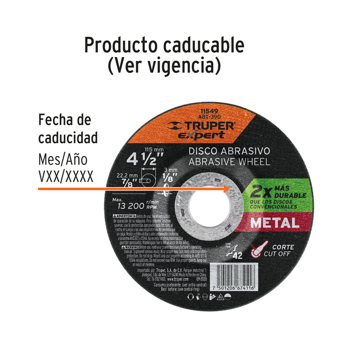 Disco Tipo 42 de 4-1/2' x 3.2 mm corte metal, Truper Expert 11549 ABT-390