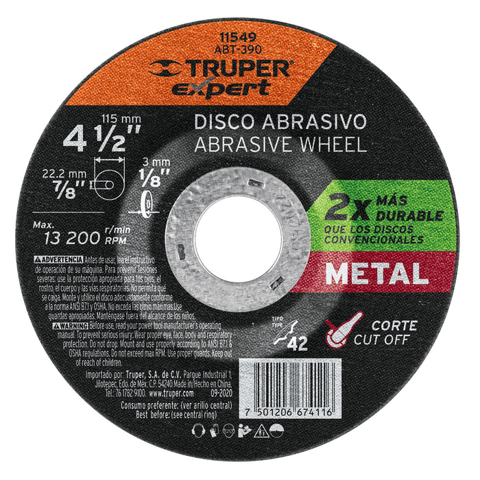 Disco Tipo 42 de 4-1/2' x 3.2 mm corte metal, Truper Expert 11549 ABT-390
