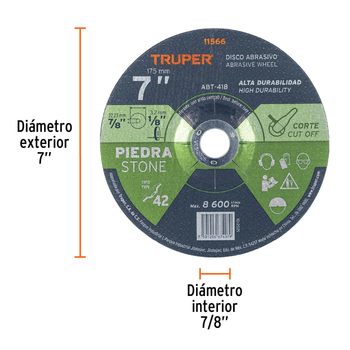 Disco Tipo 42 de 7' x 3.2 mm para corte de piedra, Truper 11566 ABT-418