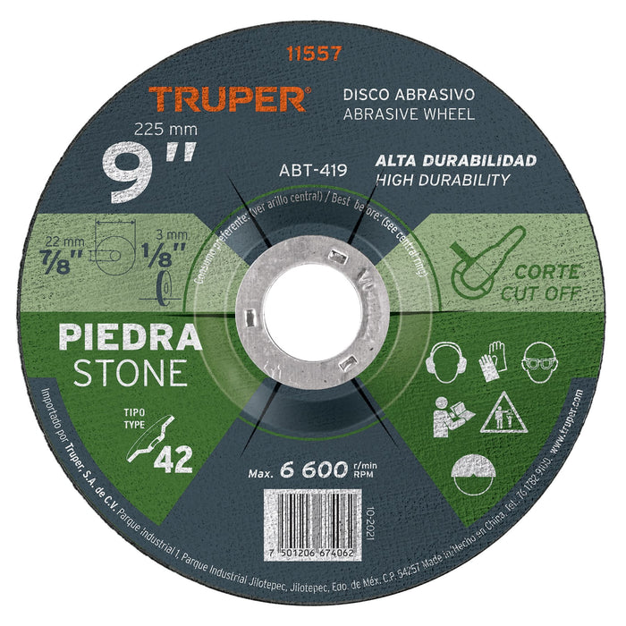 Disco Tipo 42 de 9' x 3.2 mm para corte de piedra, Truper 11557 ABT-419