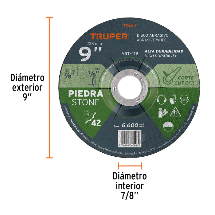 Disco Tipo 42 de 9' x 3.2 mm para corte de piedra, Truper 11557 ABT-419