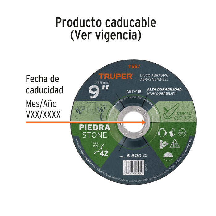 Disco Tipo 42 de 9' x 3.2 mm para corte de piedra, Truper 11557 ABT-419