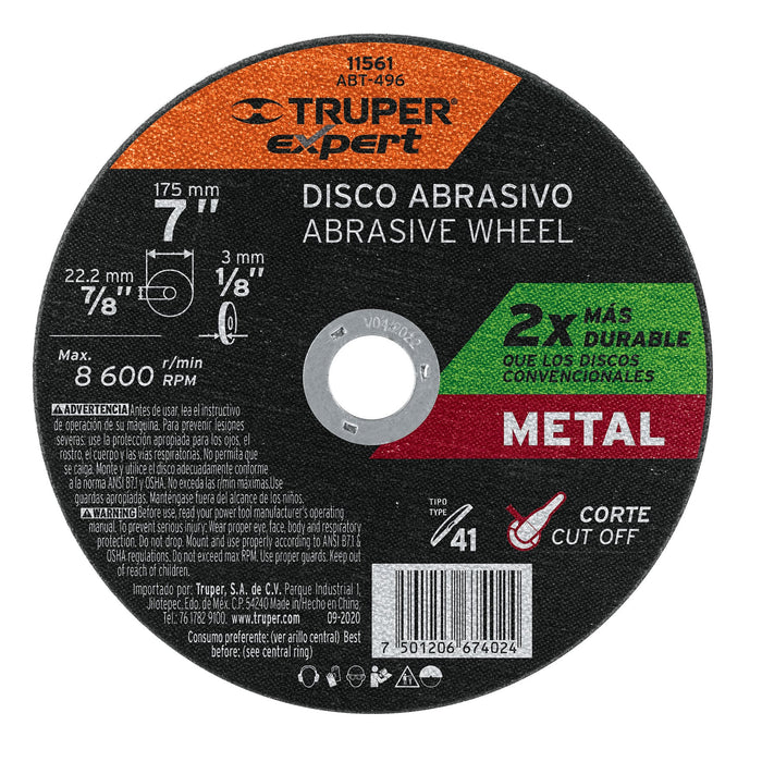Disco para corte de metal, tipo 41, diámetro 7' Expert 11561 ABT-496