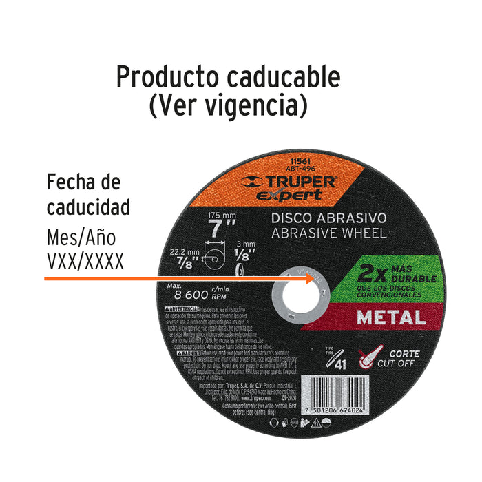 Disco para corte de metal, tipo 41, diámetro 7' Expert 11561 ABT-496