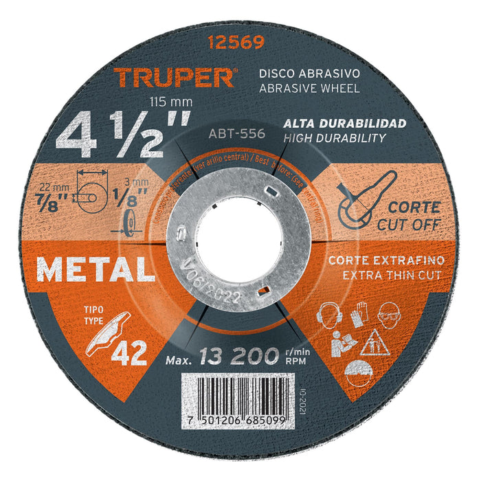 Disco Tipo 42 de 4-1/2' x 3.2 mm para corte de metal, Truper 12569 ABT-556