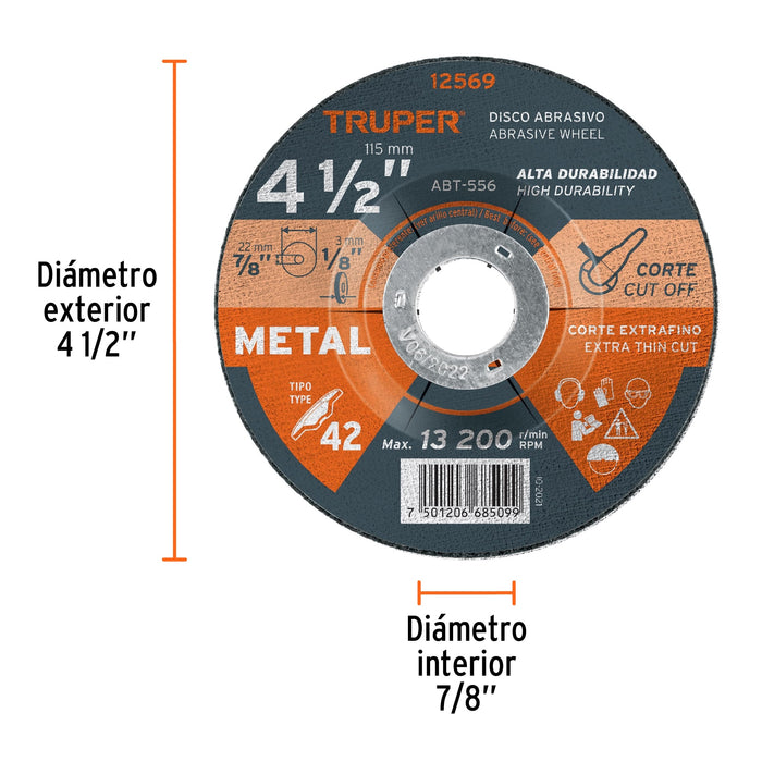 Disco Tipo 42 de 4-1/2' x 3.2 mm para corte de metal, Truper 12569 ABT-556