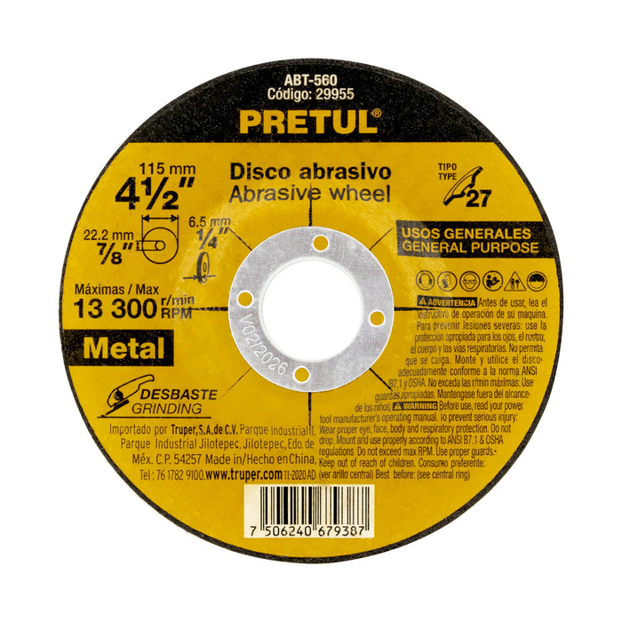 Disco Tipo 27 de 4-1/2' x 6.2 mm desbaste de metal, Pretul 29955 ABT-560
