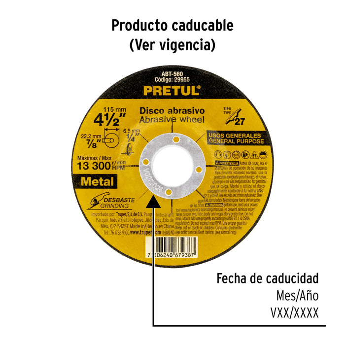 Disco Tipo 27 de 4-1/2' x 6.2 mm desbaste de metal, Pretul 29955 ABT-560