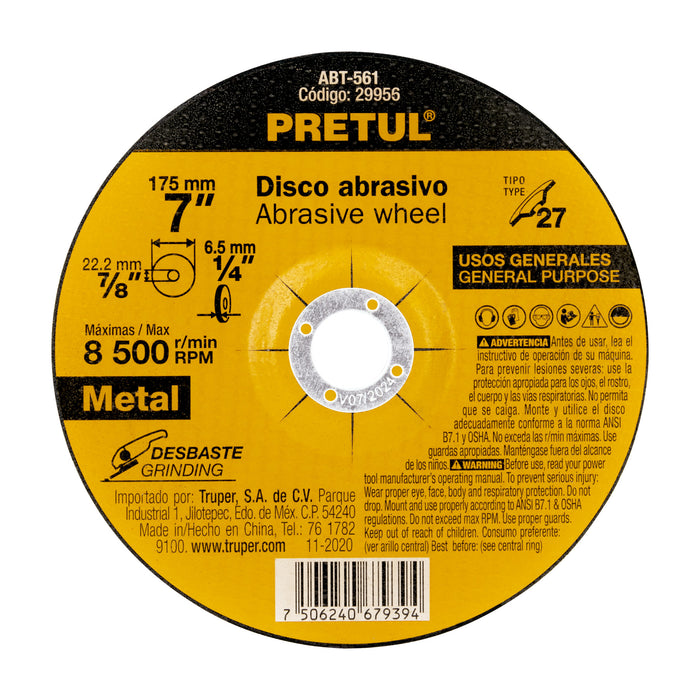 Disco Tipo 27 de 7' x 6.2 mm desbaste de metal, Pretul 29956 ABT-561