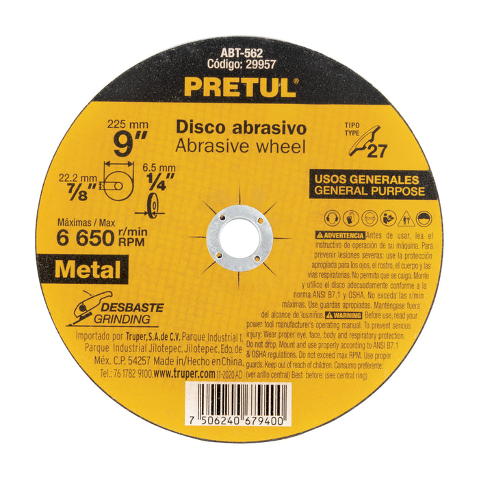 Disco Tipo 27 de 9' x 6.2 mm desbaste de metal, Pretul 29957 ABT-562
