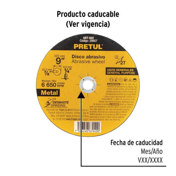 Disco Tipo 27 de 9' x 6.2 mm desbaste de metal, Pretul 29957 ABT-562
