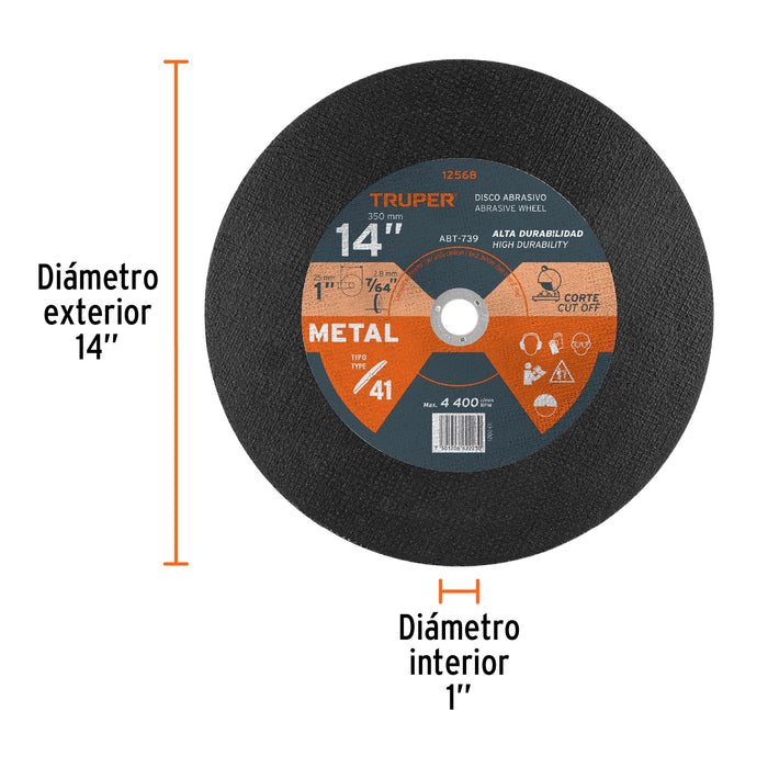 Disco Tipo 41 de 14' x 2.8 mm para corte de metal, Truper 12568 ABT-739