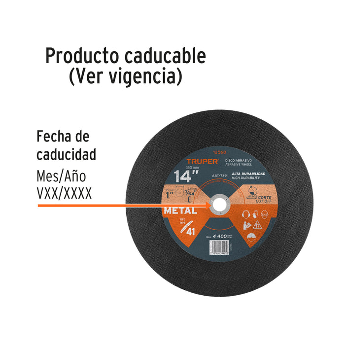 Disco Tipo 41 de 14' x 2.8 mm para corte de metal, Truper 12568 ABT-739