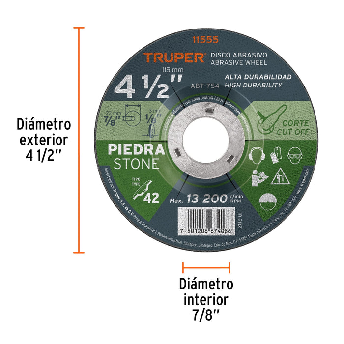 Disco Tipo 42 de 4-1/2' x 3.2 mm para corte de piedra 11555 ABT-754