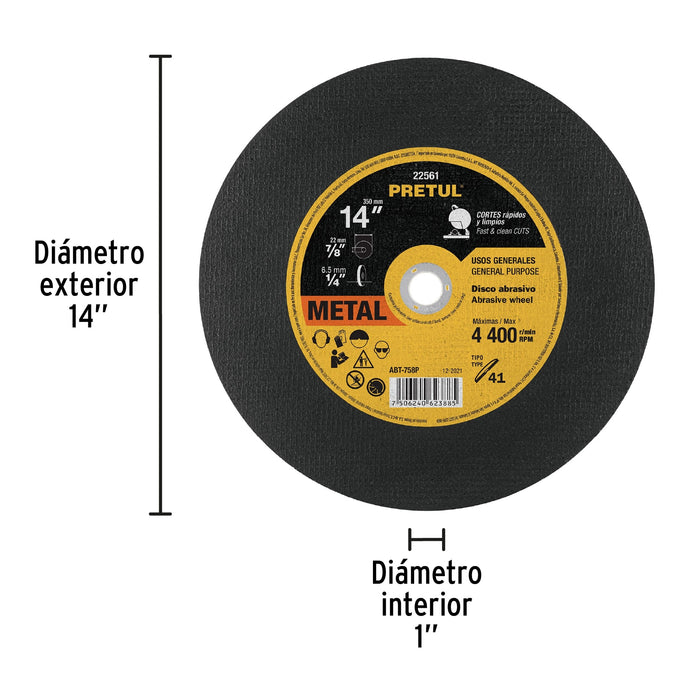 Disco Tipo 41 de 14' x 2.8 mm para corte de metal, Pretul 22561 ABT-758P
