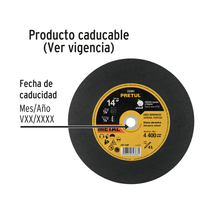 Disco Tipo 41 de 14' x 2.8 mm para corte de metal, Pretul 22561 ABT-758P