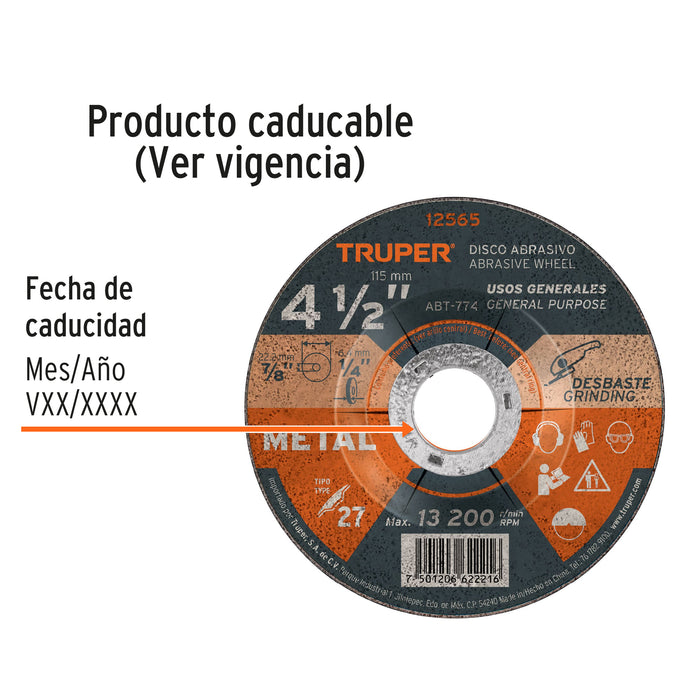 Disco Tipo 27 de 4-1/2' x 6.4 mm para desbaste de metal 12565 ABT-774