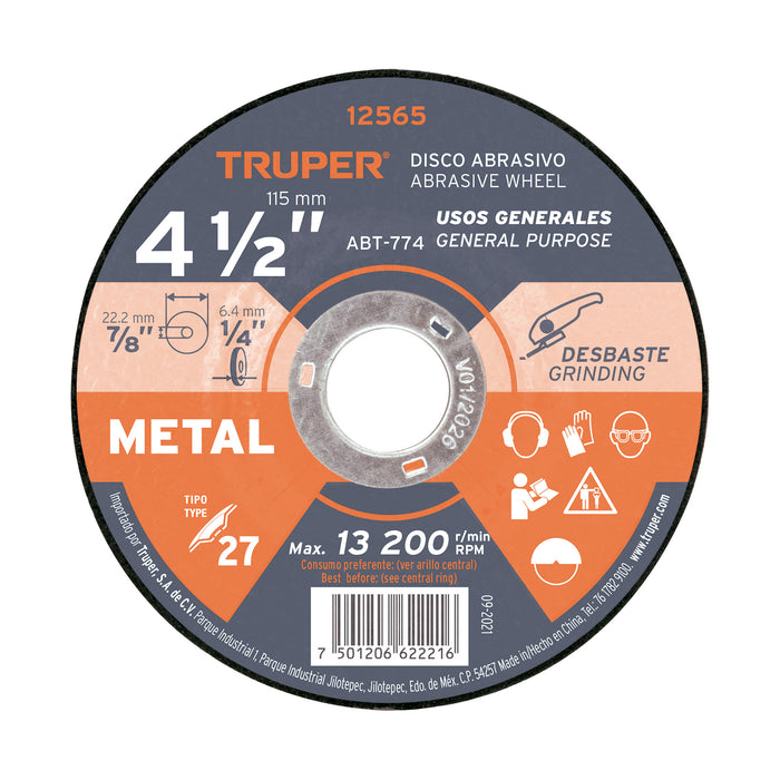 Disco Tipo 27 de 4-1/2' x 6.4 mm para desbaste de metal 12565 ABT-774