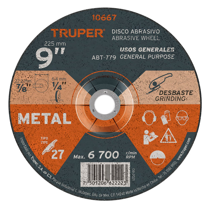 Disco Tipo 27 de 9' x 6.4 mm para desbaste de metal, Truper 10667 ABT-779
