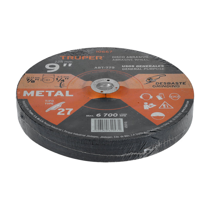 Disco Tipo 27 de 9' x 6.4 mm para desbaste de metal, Truper 10667 ABT-779