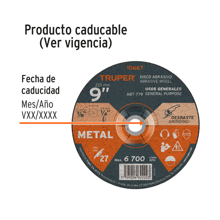 Disco Tipo 27 de 9' x 6.4 mm para desbaste de metal, Truper 10667 ABT-779