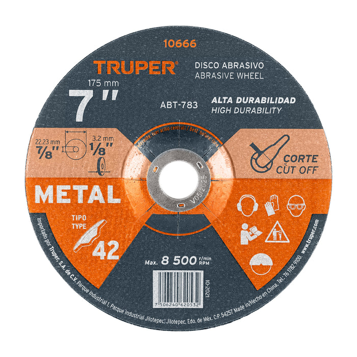 Disco Tipo 42 de 7' x 3.2 mm para corte de metal, Truper 10666 ABT-783