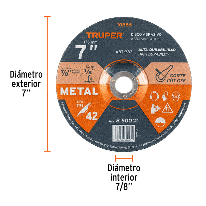 Disco Tipo 42 de 7' x 3.2 mm para corte de metal, Truper 10666 ABT-783
