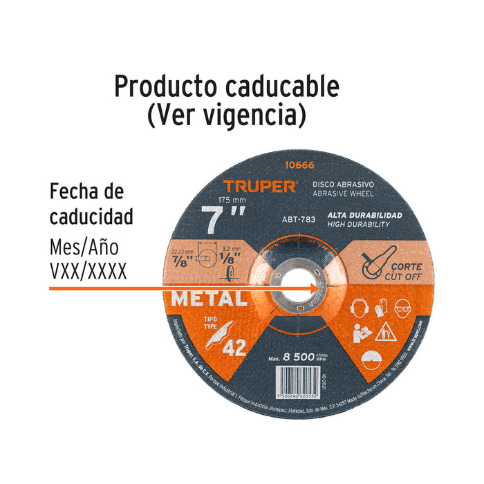 Disco Tipo 42 de 7' x 3.2 mm para corte de metal, Truper 10666 ABT-783