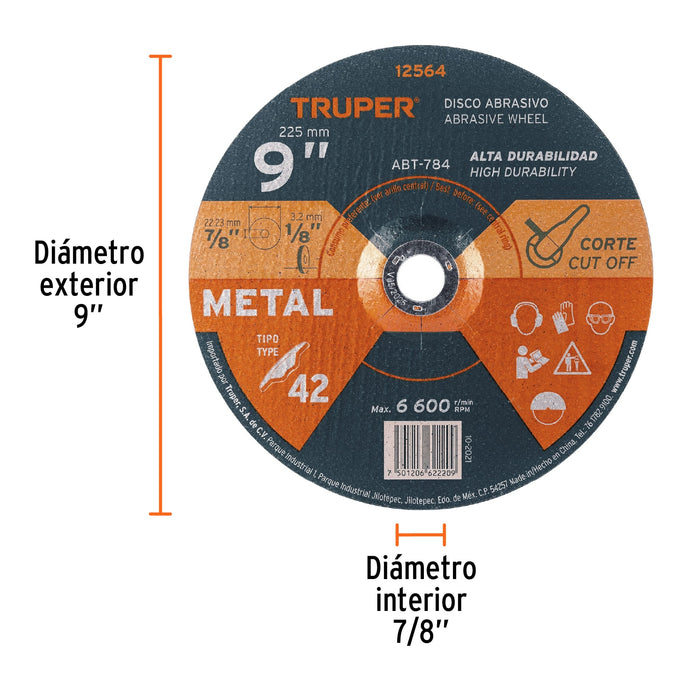 Disco Tipo 42 de 9' x 3.2 mm para corte de metal, Truper 12564 ABT-784