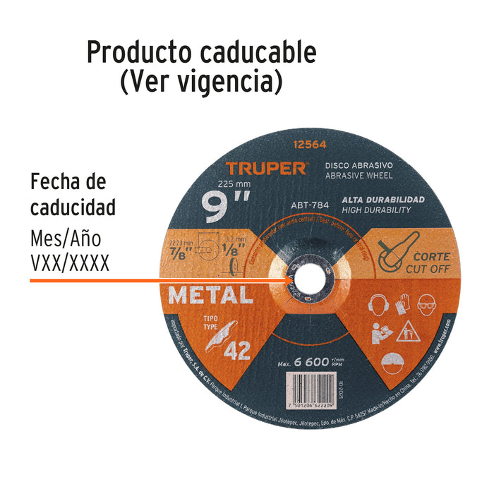 Disco Tipo 42 de 9' x 3.2 mm para corte de metal, Truper 12564 ABT-784