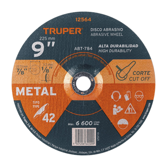 Disco Tipo 42 de 9' x 3.2 mm para corte de metal, Truper 12564 ABT-784