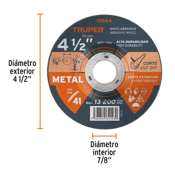 Disco de 4-1/2' para corte de metal, tipo 41, Truper 10664 ABT-786