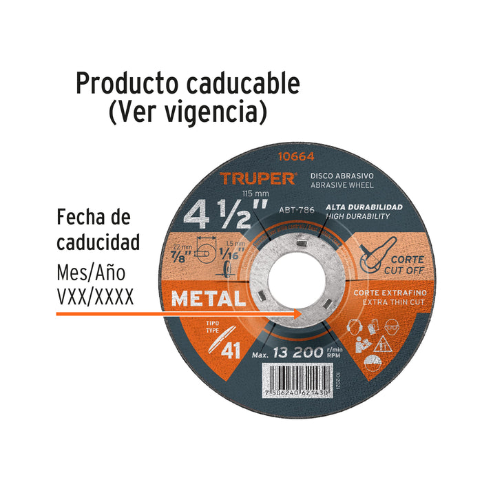 Disco de 4-1/2' para corte de metal, tipo 41, Truper 10664 ABT-786