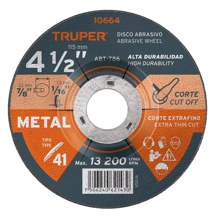 Disco de 4-1/2' para corte de metal, tipo 41, Truper 10664 ABT-786