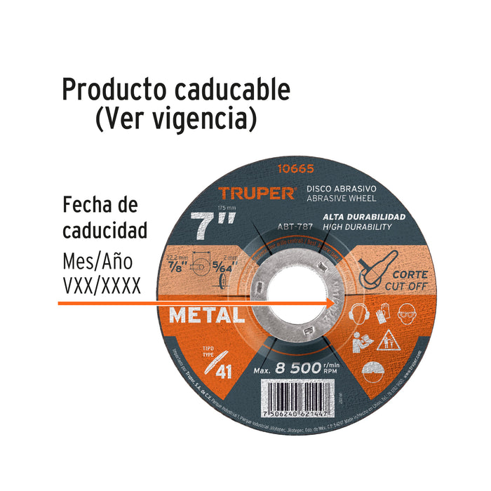 Disco de 7' para corte de metal, tipo 41, Truper 10665 ABT-787