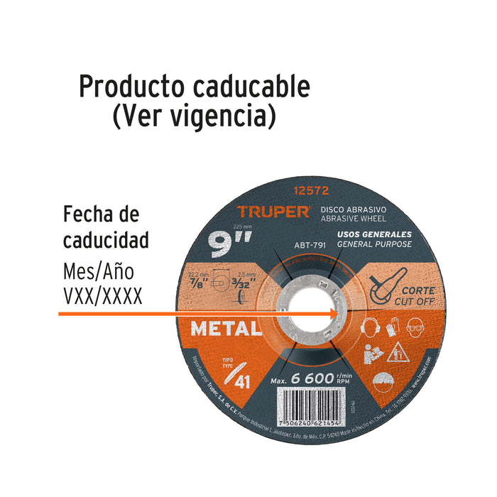 Disco de 9' para corte de metal, tipo 41, Truper 12572 ABT-791