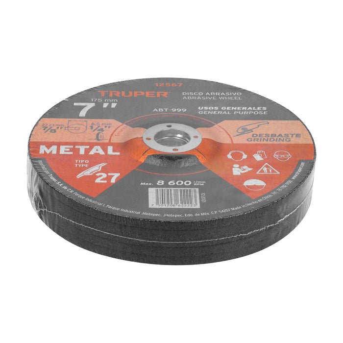 Disco Tipo 27 de 7' x 6.4 mm para desbaste de metal, Truper 12567 ABT-999