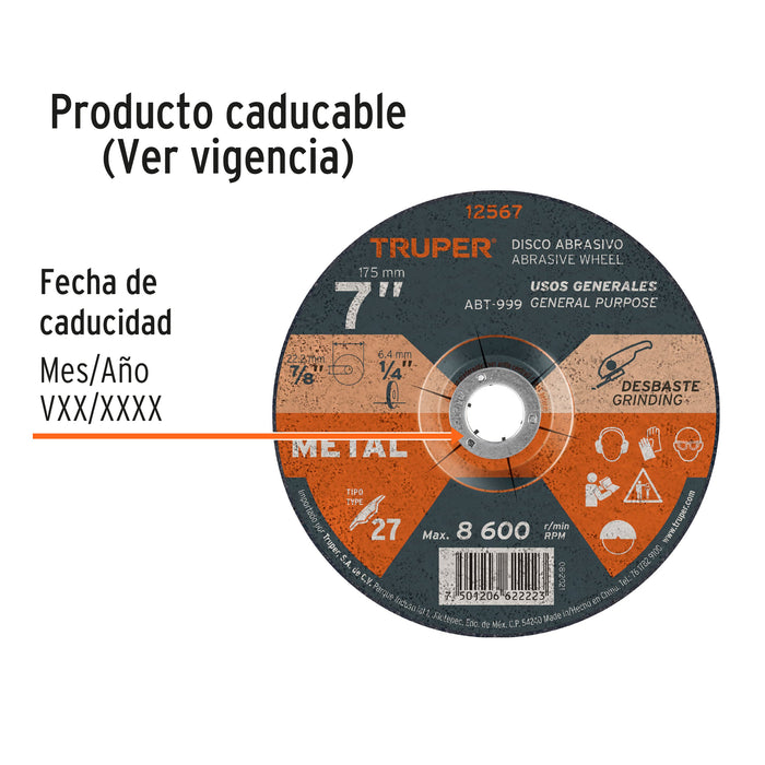 Disco Tipo 27 de 7' x 6.4 mm para desbaste de metal, Truper 12567 ABT-999