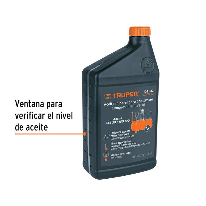 Aceite mineral para compresor 1000ml (34oz), Truper 102533 ACEM-34