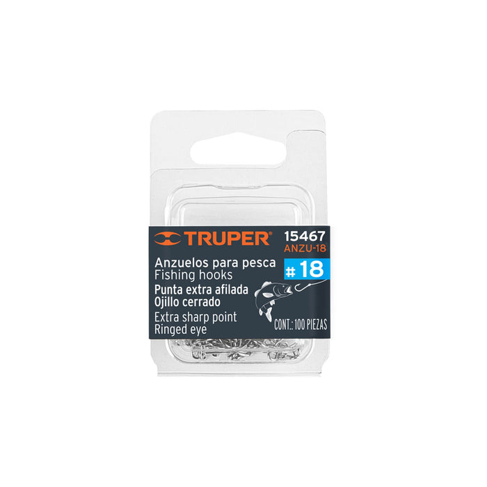 Blíster con 100 anzuelos para pesca # 18, Truper 15467 ANZU-18