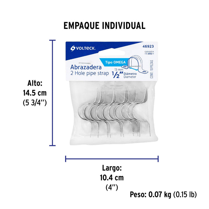 Bolsa con 10 abrazaderas 1/2' tipo omega para tubo, Volteck 46923